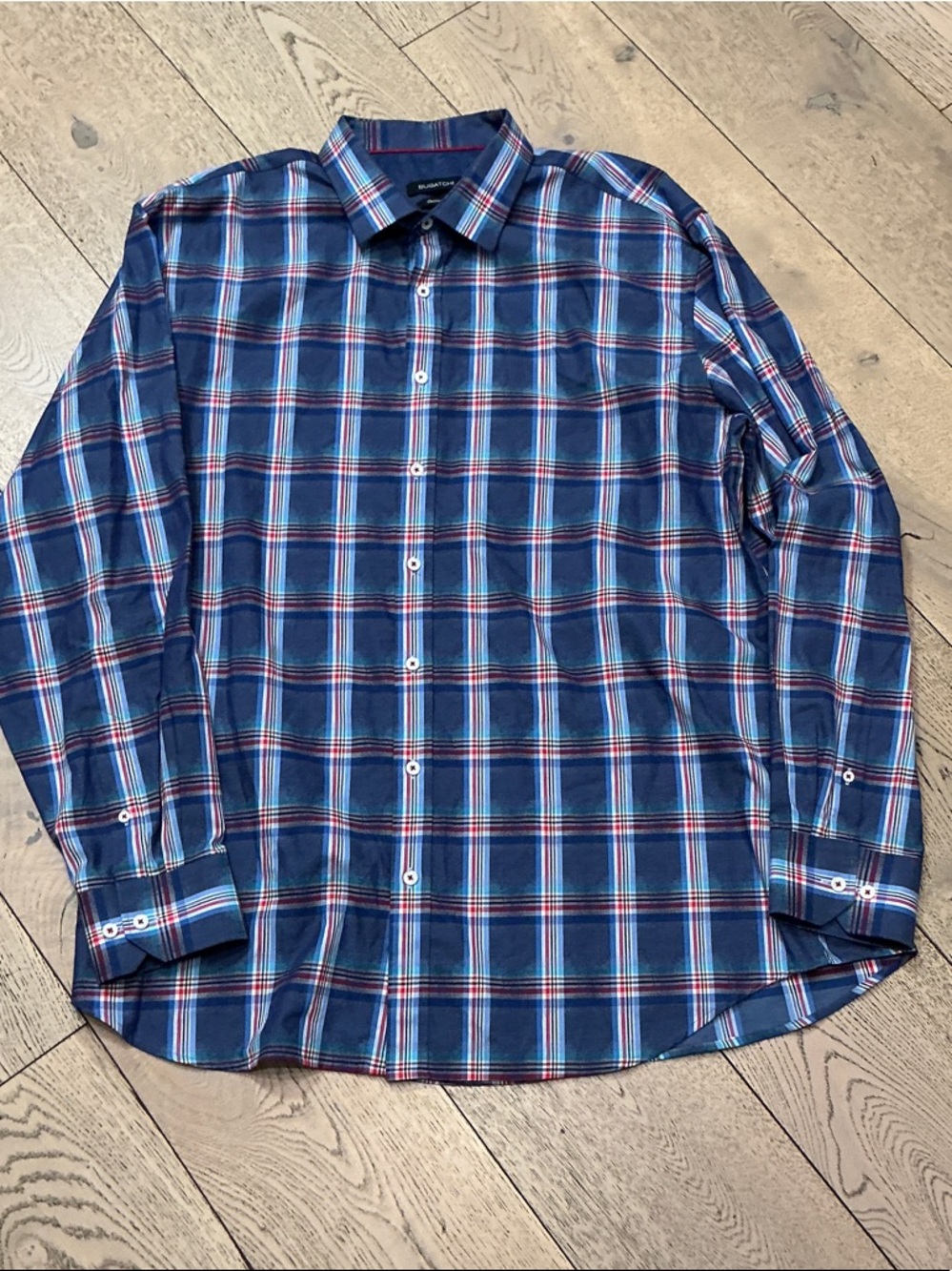 Men’s Bugatchi blue,red plaid window pane log sleeve shirt. XXL. Classic fit.